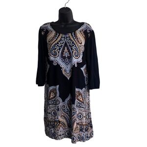 K&C Womens Black Paisley Scoop Neck 3/4 Sleeve‎ Shift Dress Size L C11